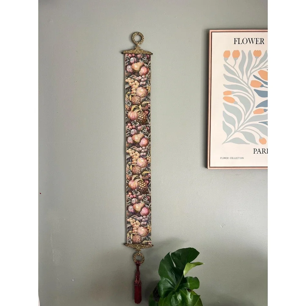 Vintage Fruit Tapestry Wall Hanging Brass Hardware Tassel English Cottage Decor